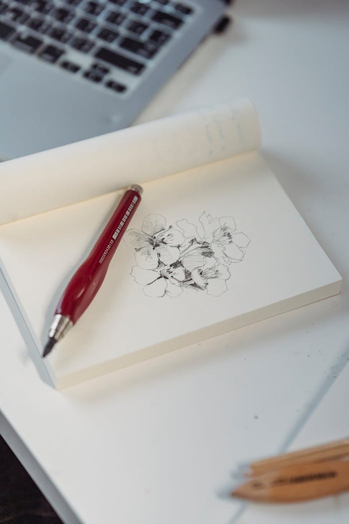 Close-up of a floral sketch on a notepad with a red pen on a desk.